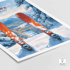 Stowe Vermont ski print featuring orange skis on a snowy mountain with scenic backdrop, perfect for skiing wall decor.