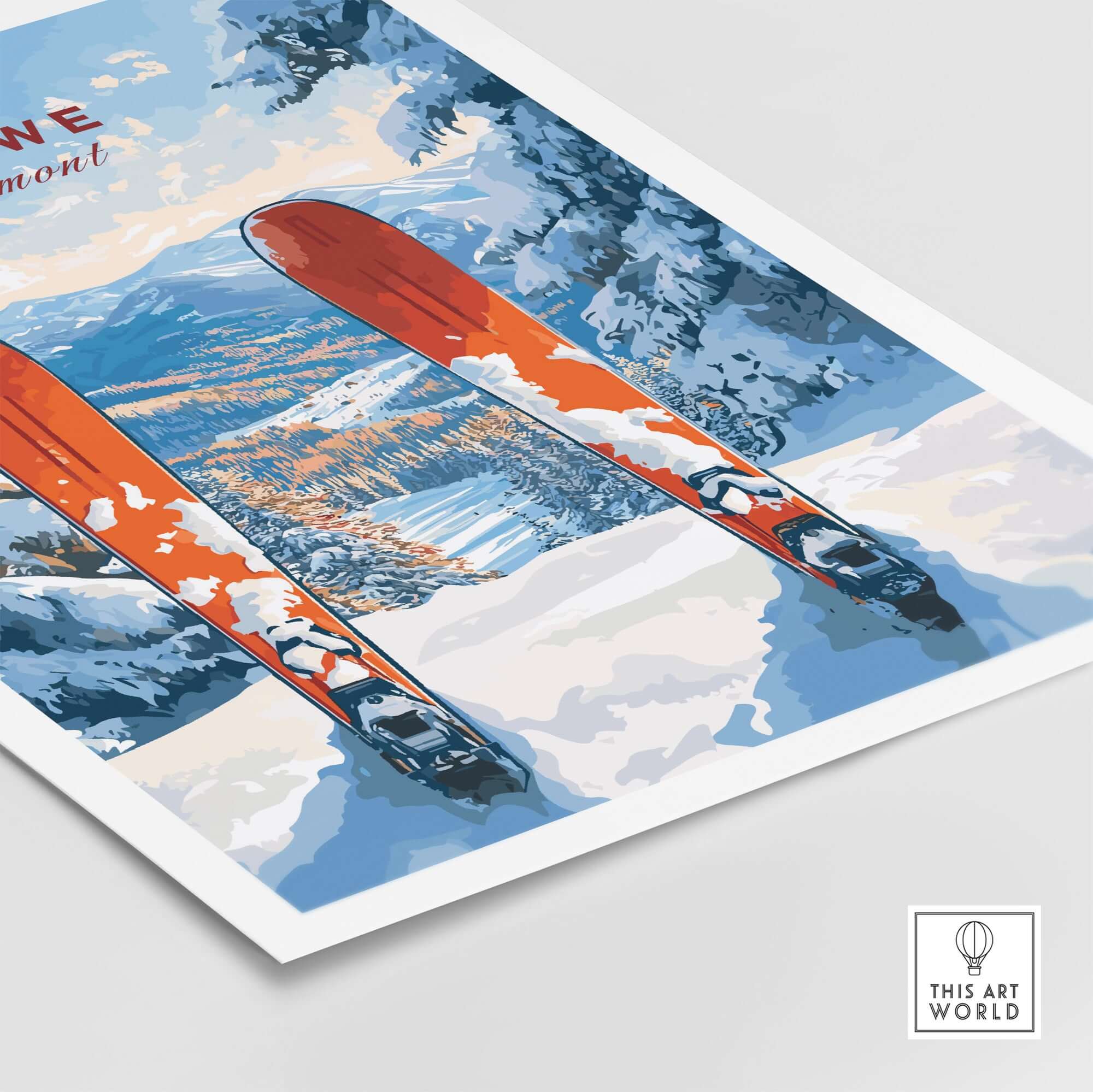 Stowe Vermont ski print featuring orange skis on a snowy mountain with scenic backdrop, perfect for skiing wall decor.