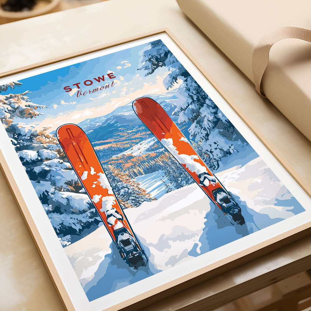 Stowe Vermont ski print showcasing snowy mountain scene with vibrant orange skis, perfect for skiing wall decor.