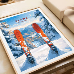 Stowe Vermont ski print showcasing snowy mountain scene with vibrant orange skis, perfect for skiing wall decor.