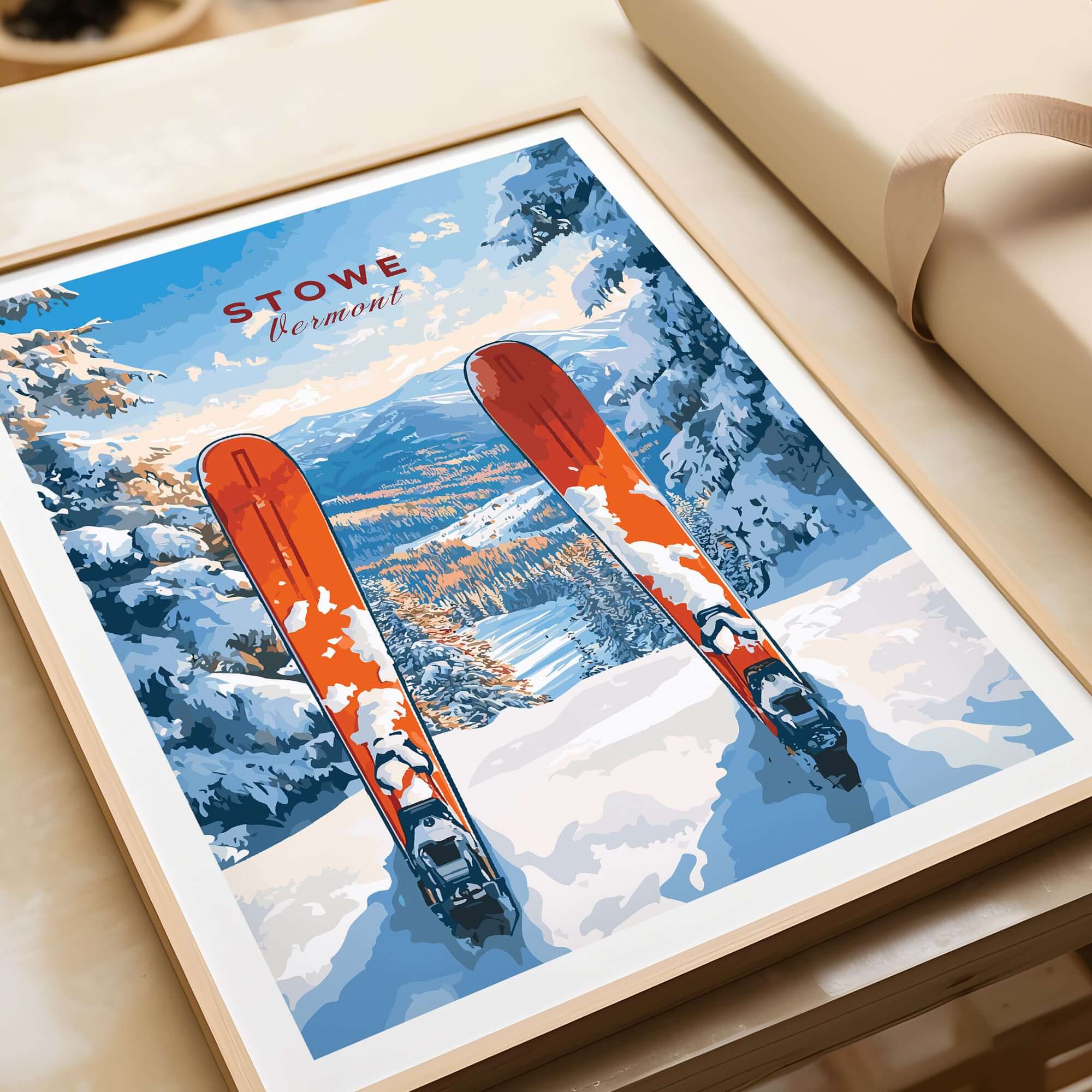 Stowe Vermont ski print showcasing snowy mountain scene with vibrant orange skis, perfect for skiing wall decor.