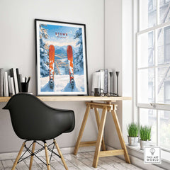 Stowe Vermont ski print hanging in a modern workspace, showcasing a snowy mountain scene and skiing wall decor.