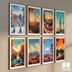 Gallery wall of travel art prints featuring Stowe, Paris, Barcelona, London, Amsterdam, Florence, Tokyo, and Angkor Wat.