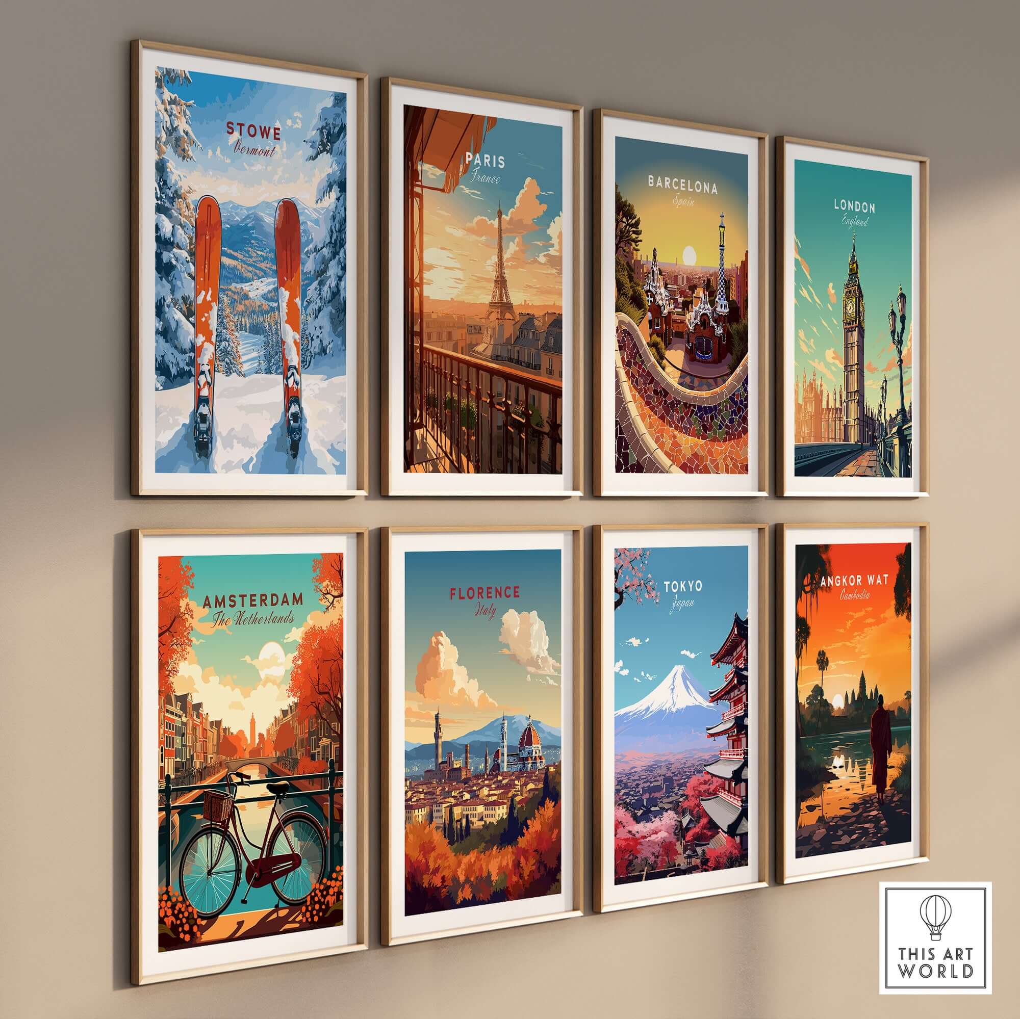 Gallery wall of travel art prints featuring Stowe, Paris, Barcelona, London, Amsterdam, Florence, Tokyo, and Angkor Wat.