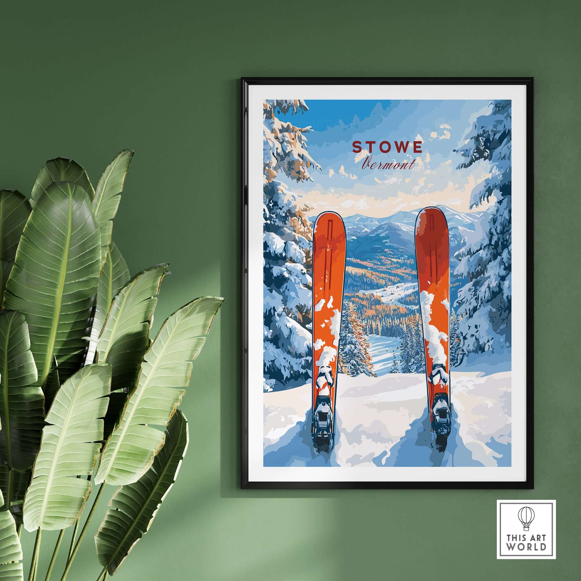 Stowe Vermont ski print featuring red skis in a snowy mountain scene, perfect for skiing wall decor.