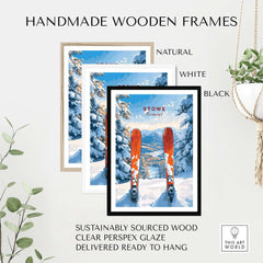 Handmade wooden frames in natural, white, and black for Stowe Vermont ski print with sustainable wood and clear glaze.