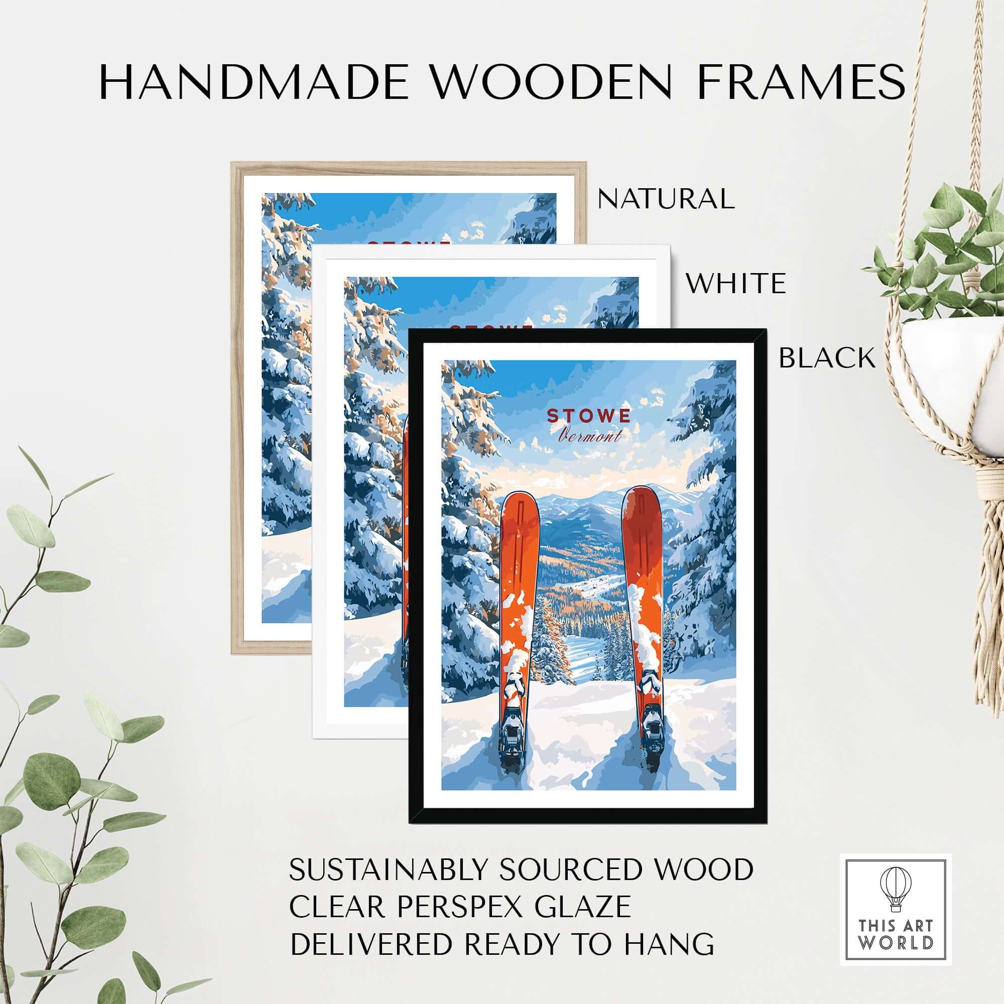 Handmade wooden frames in natural, white, and black for Stowe Vermont ski print with sustainable wood and clear glaze.