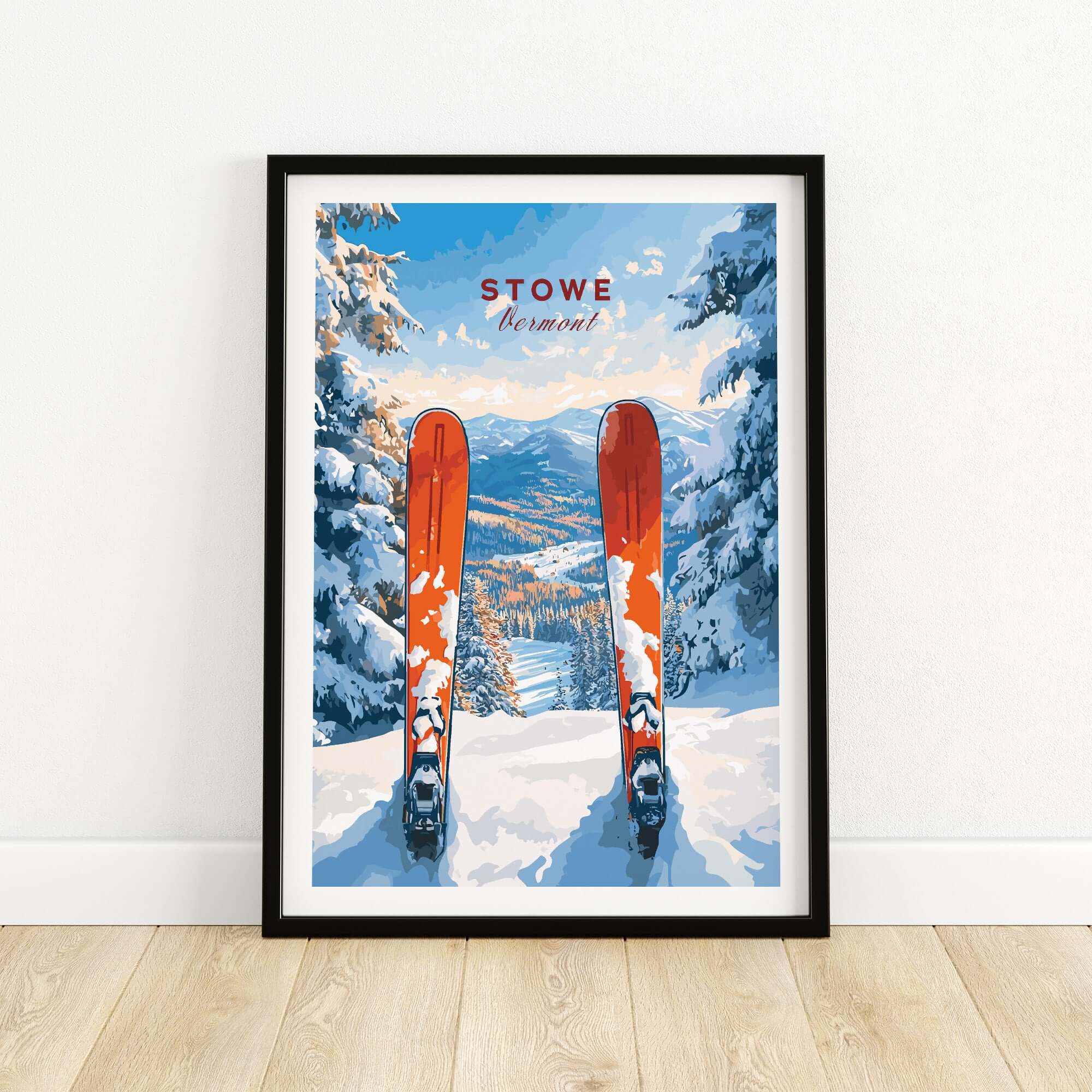 Stowe Vermont ski print featuring skis on snowy slopes, ideal for skiing wall decor.