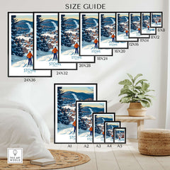 Size guide for Stowe Vermont Ski Village art prints with a cozy room setting in background.