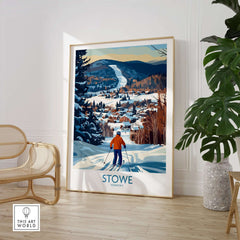 Stowe Vermont ski village art print featuring a skier overlooking a winter landscape, perfect for alpine decor.