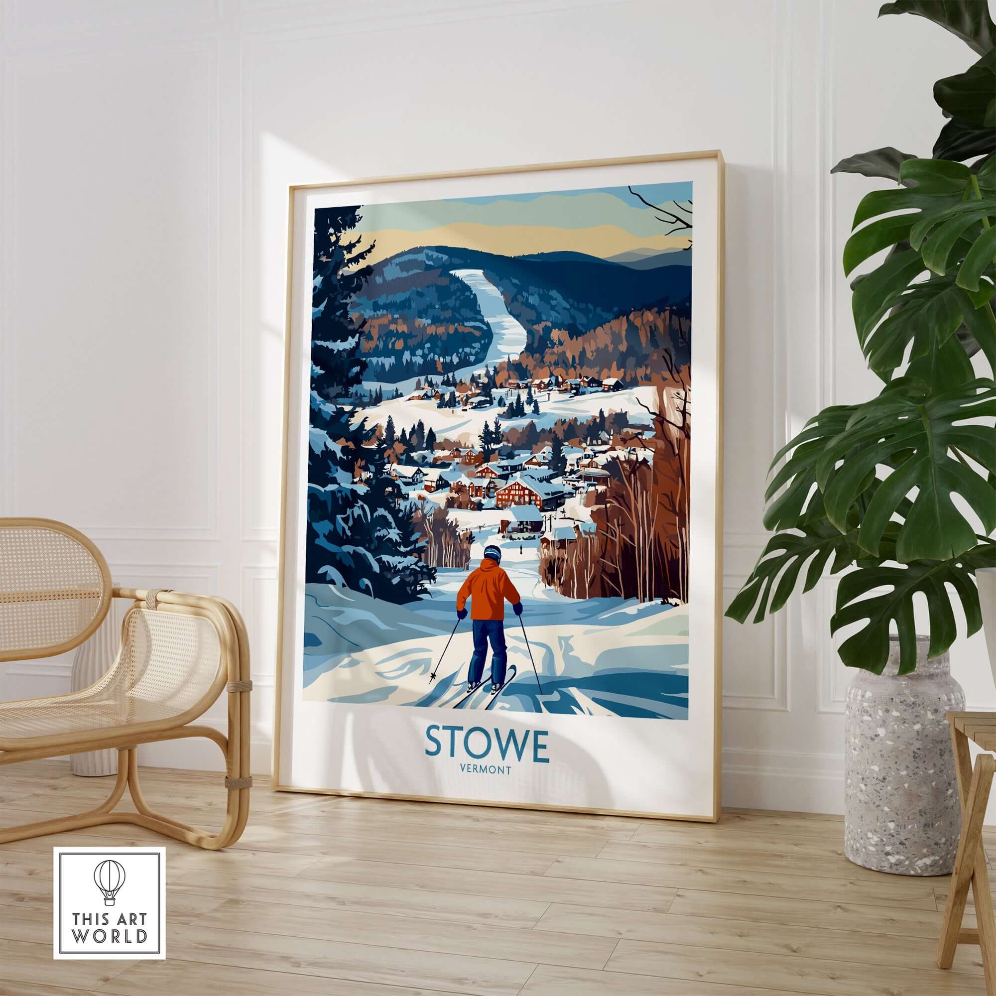 Stowe Vermont ski village art print featuring a skier overlooking a winter landscape, perfect for alpine decor.