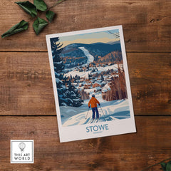 Stowe Vermont ski village art print featuring skier overlooking mountain view, perfect for winter decor.