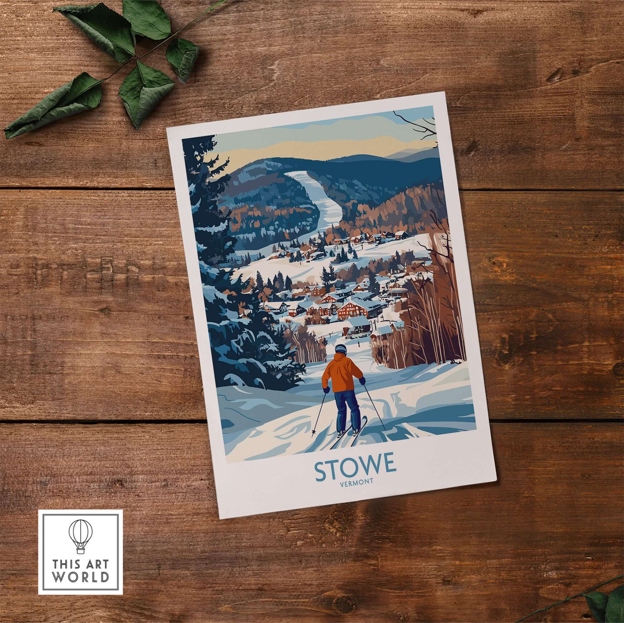 Stowe Vermont ski village art print featuring skier overlooking mountain view, perfect for winter decor.