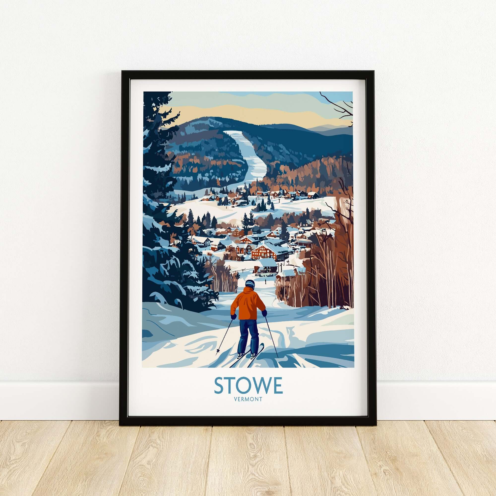 Stowe Vermont ski village art print featuring a skier overlooking a snowy mountain view.