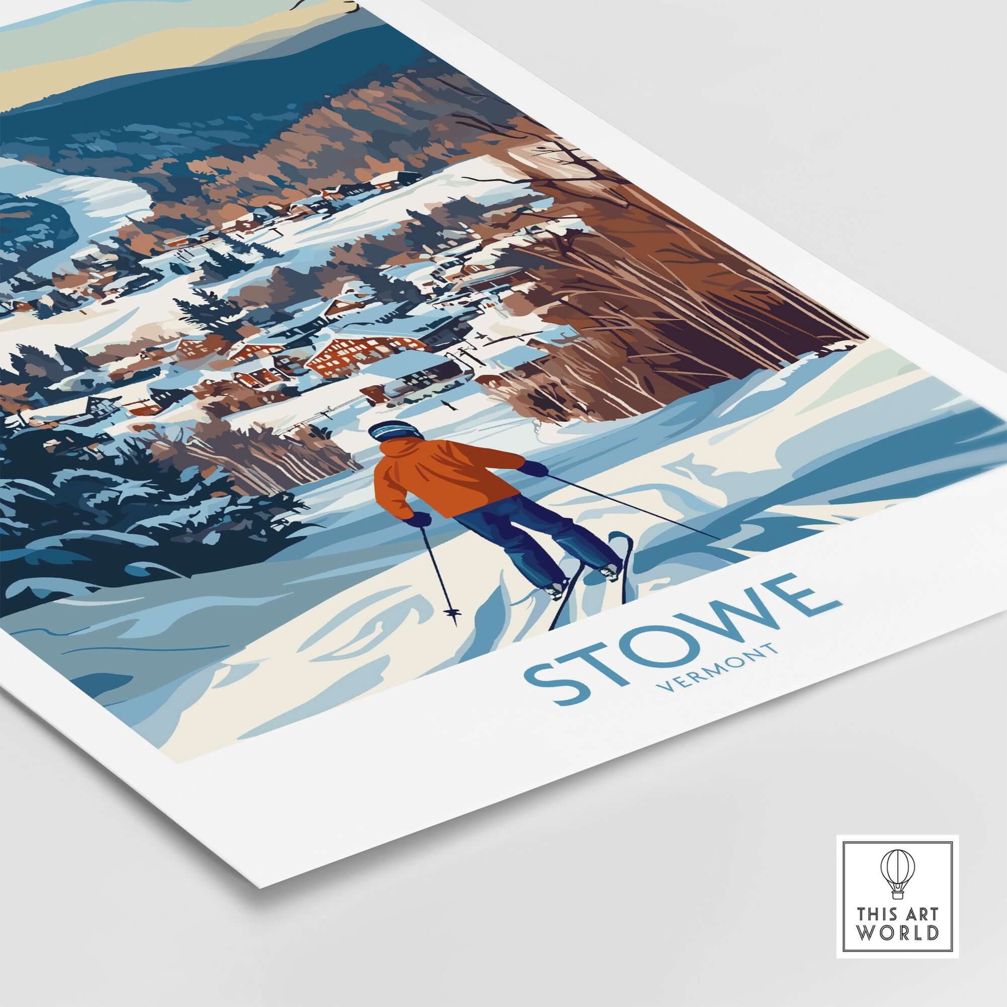 Stowe Vermont Ski Village art print featuring a skier on snowy slopes with a mountain view.