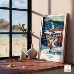 Stowe Vermont ski village art print showcasing a stunning mountain view and winter atmosphere.