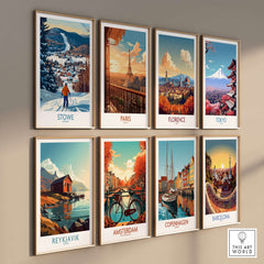 Collection of vintage city art prints featuring Stowe, Paris, Florence, Tokyo, Reykjavik, Amsterdam, Copenhagen, and Barcelona.