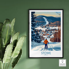 Stowe Vermont ski village art print featuring a mountain view and skier in a winter landscape.