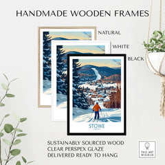 Handmade wooden frames for Stowe Vermont ski village art print in natural, white, and black finishes.