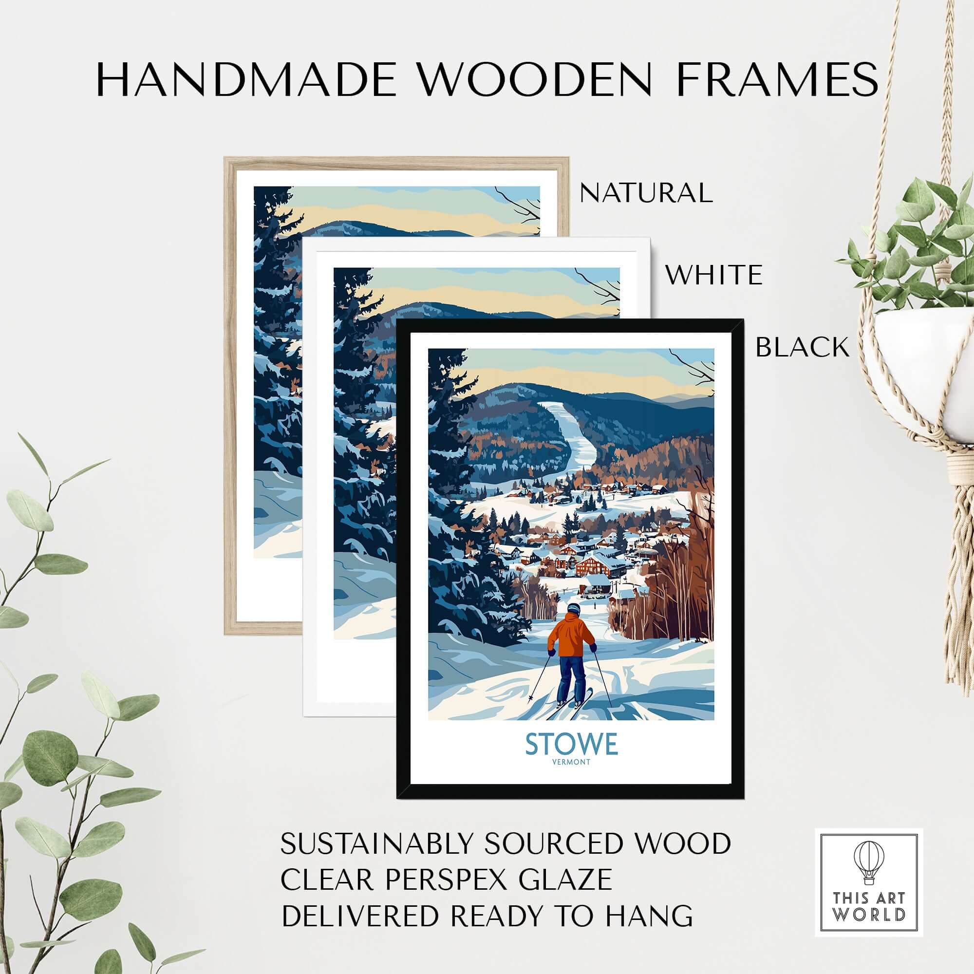 Handmade wooden frames for Stowe Vermont ski village art print in natural, white, and black finishes.