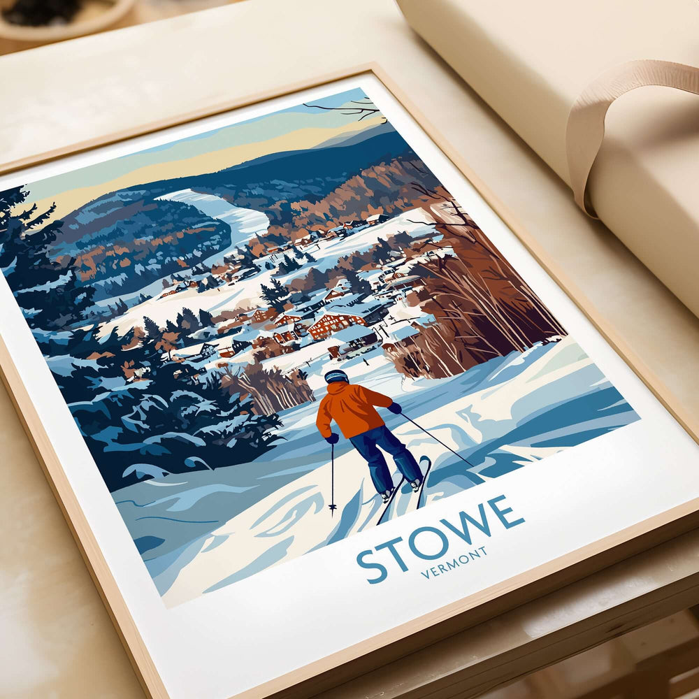 Stowe Vermont ski village art print featuring a skier overlooking a picturesque winter landscape.
