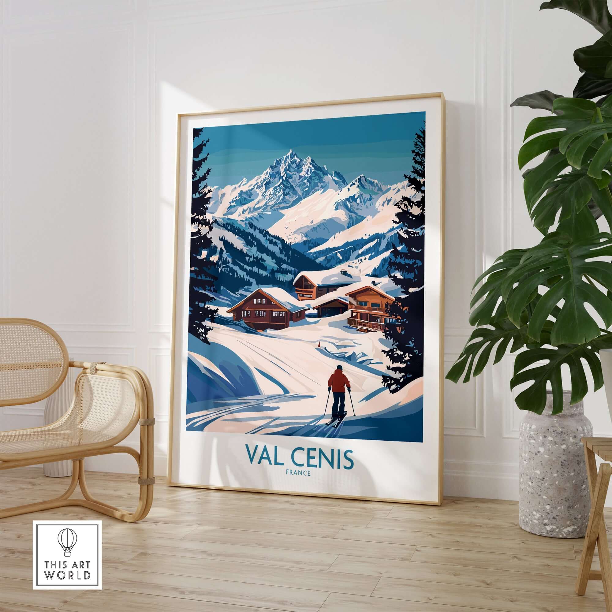 Val Cenis ski art poster featuring snowy mountains and chalets, perfect for winter enthusiasts, in a stylish interior setting.