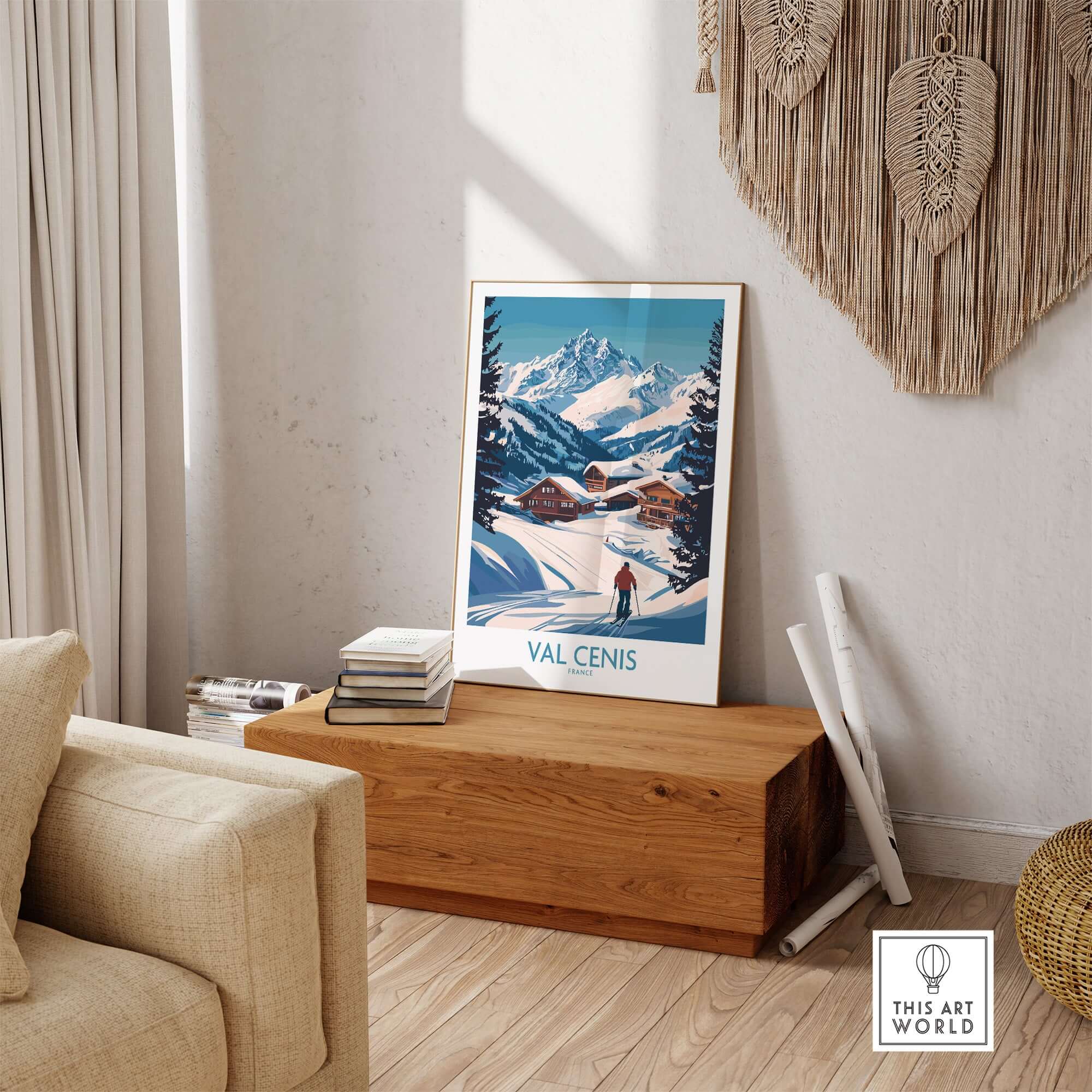 Stunning Val Cenis ski art poster displayed in a cozy living room, perfect for winter enthusiasts and ski lovers.