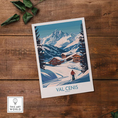 Val Cenis ski art print featuring a skier and snowy mountains in a vibrant, colorful design.