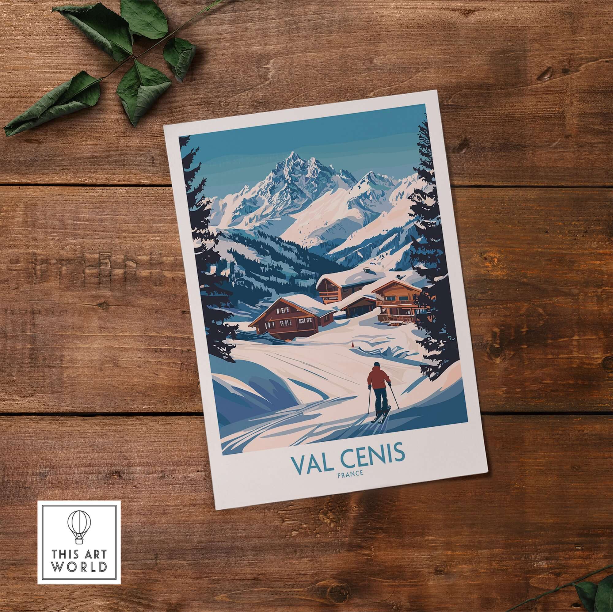 Val Cenis ski art print featuring a skier and snowy mountains in a vibrant, colorful design.