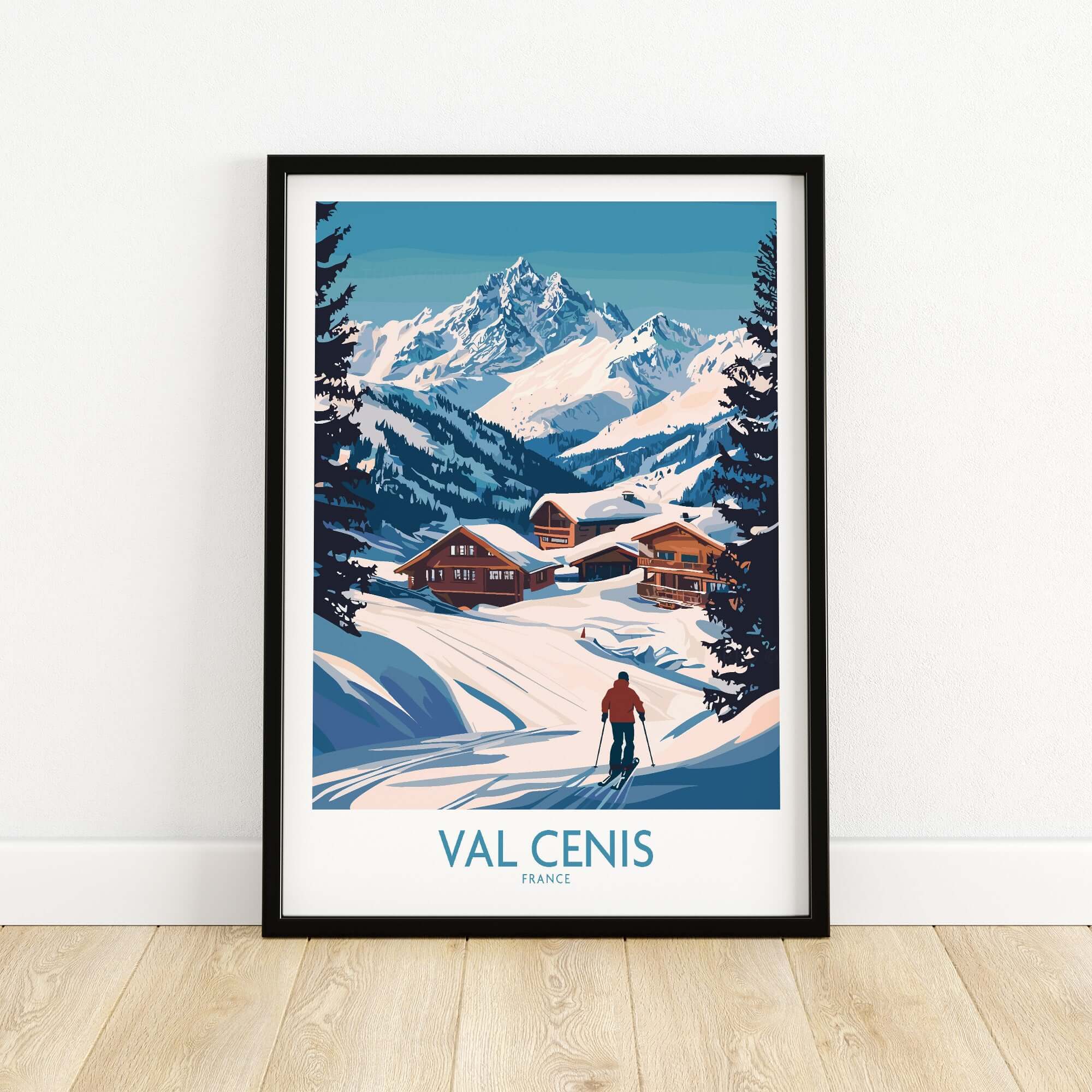 Colorful Val Cenis ski art print featuring snowy mountains and chalets, perfect for winter enthusiasts.
