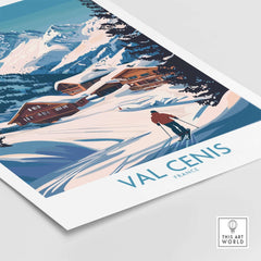 Val Cenis ski art poster featuring a skier in a snowy landscape with alpine houses and mountains in France.