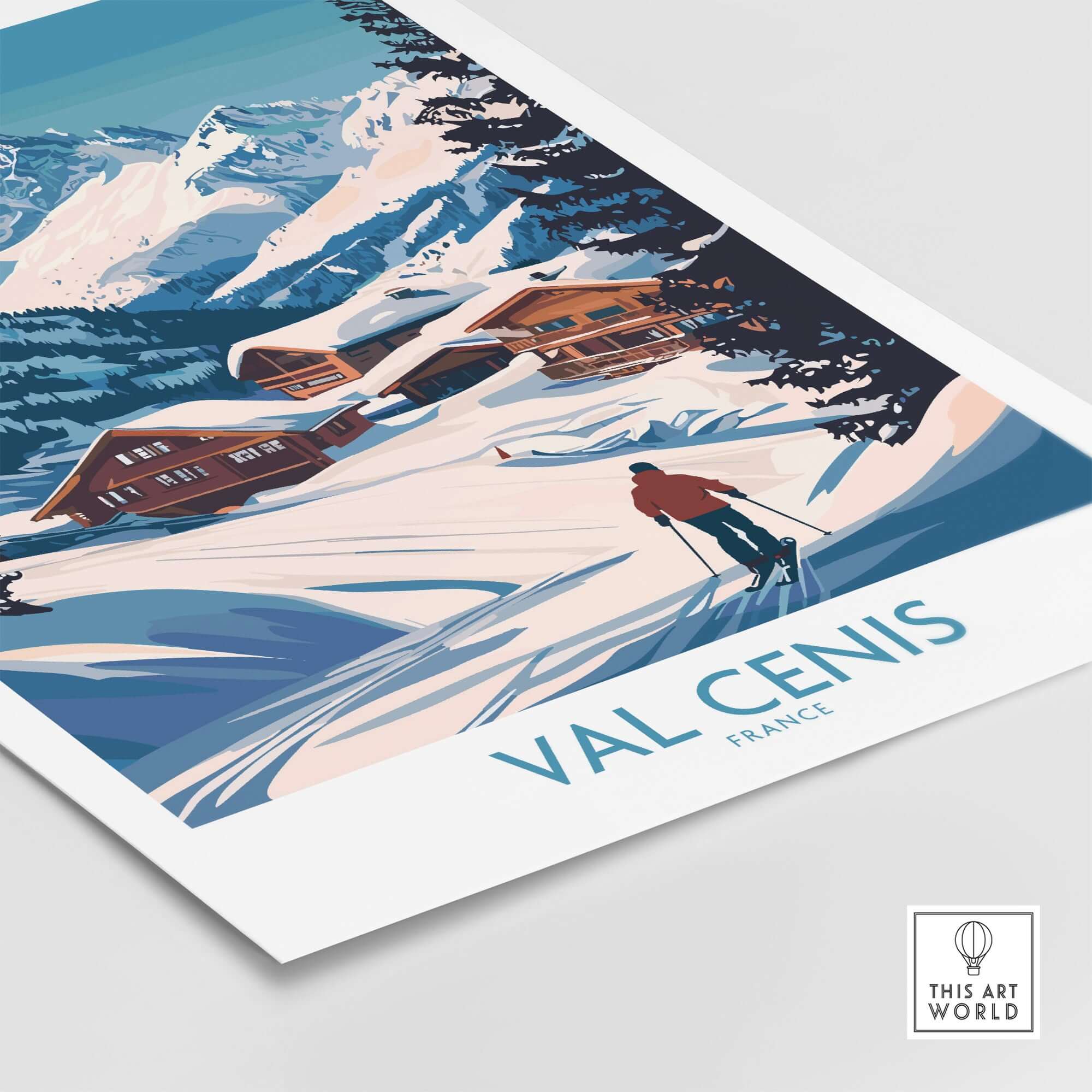 Val Cenis ski art poster featuring a skier in a snowy landscape with alpine houses and mountains in France.