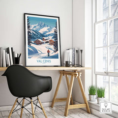 Stunning Val Cenis ski art displayed in a modern room, capturing winter beauty for ski enthusiasts.