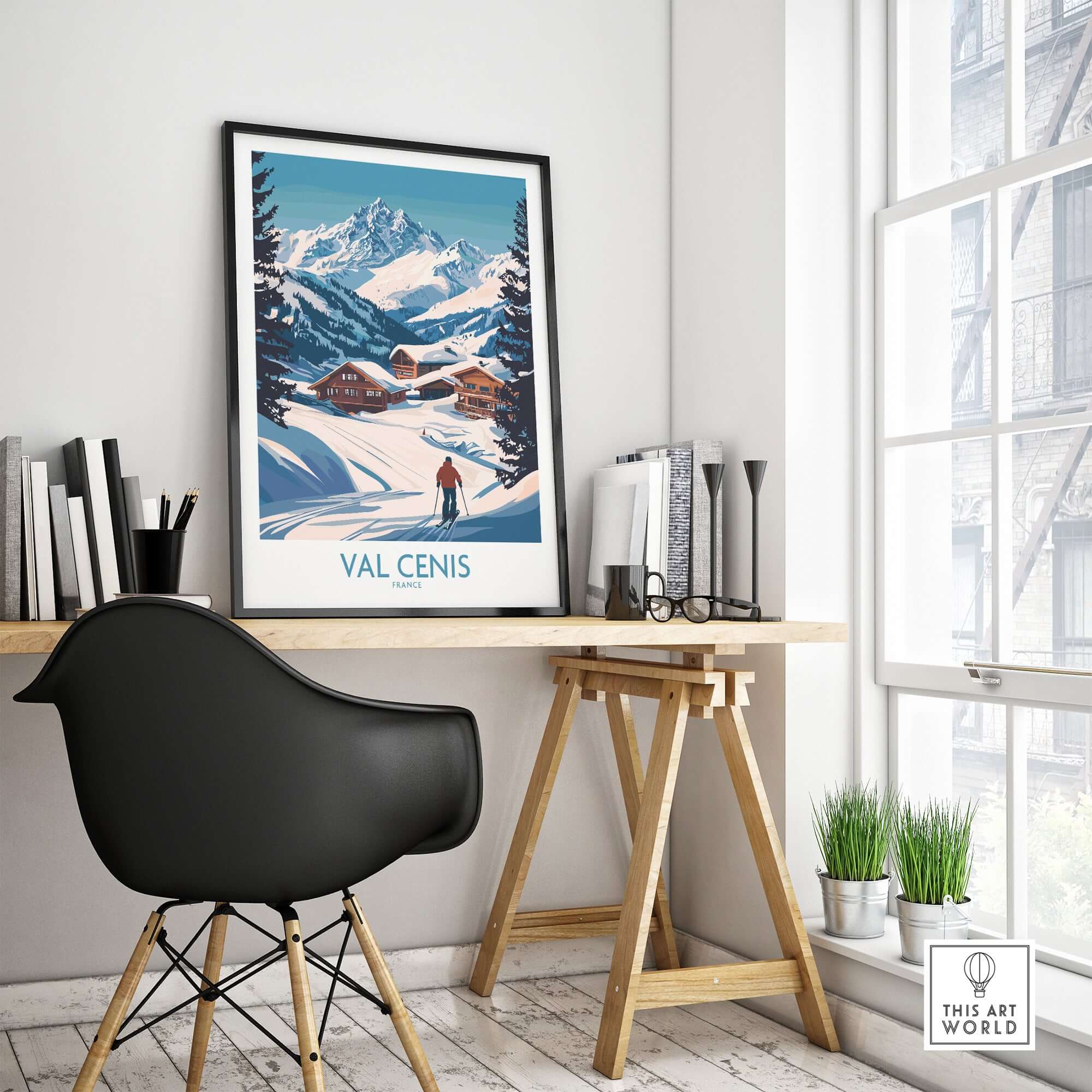 Stunning Val Cenis ski art displayed in a modern room, capturing winter beauty for ski enthusiasts.