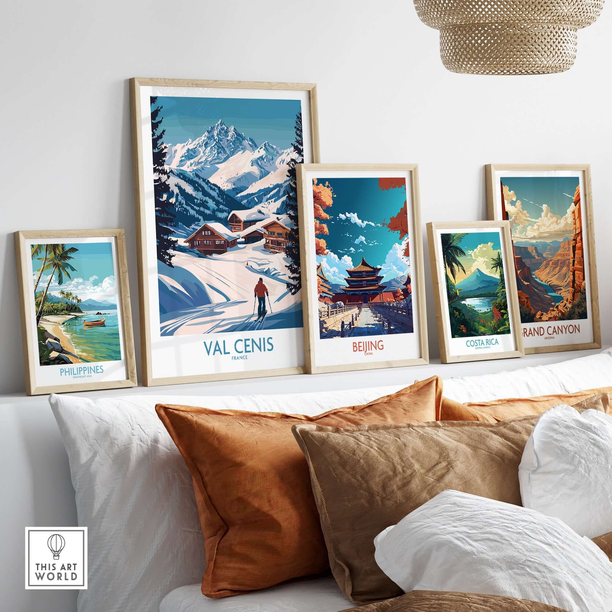 Gallery of travel-inspired art prints featuring Val Cenis ski art, Beijing, Costa Rica, Philippines, and the Grand Canyon.