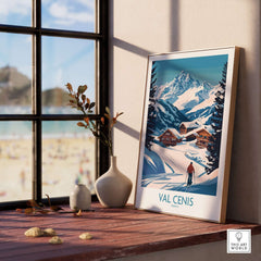 Val Cenis ski art framed by a window, showcasing vibrant winter scenery and a skier, perfect for ski enthusiasts.