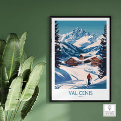 Val Cenis ski art poster featuring snowy mountains and chalets, perfect for winter enthusiasts and ski lovers.