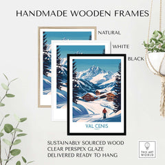 Handmade wooden frames in natural, white, and black for Val Cenis ski art, sustainably sourced with clear glaze.