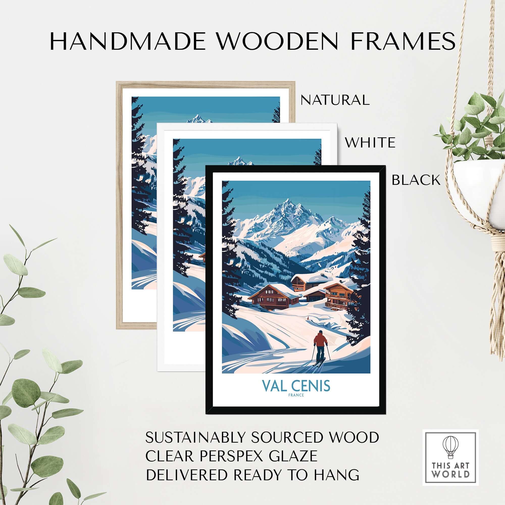 Handmade wooden frames in natural, white, and black for Val Cenis ski art, sustainably sourced with clear glaze.