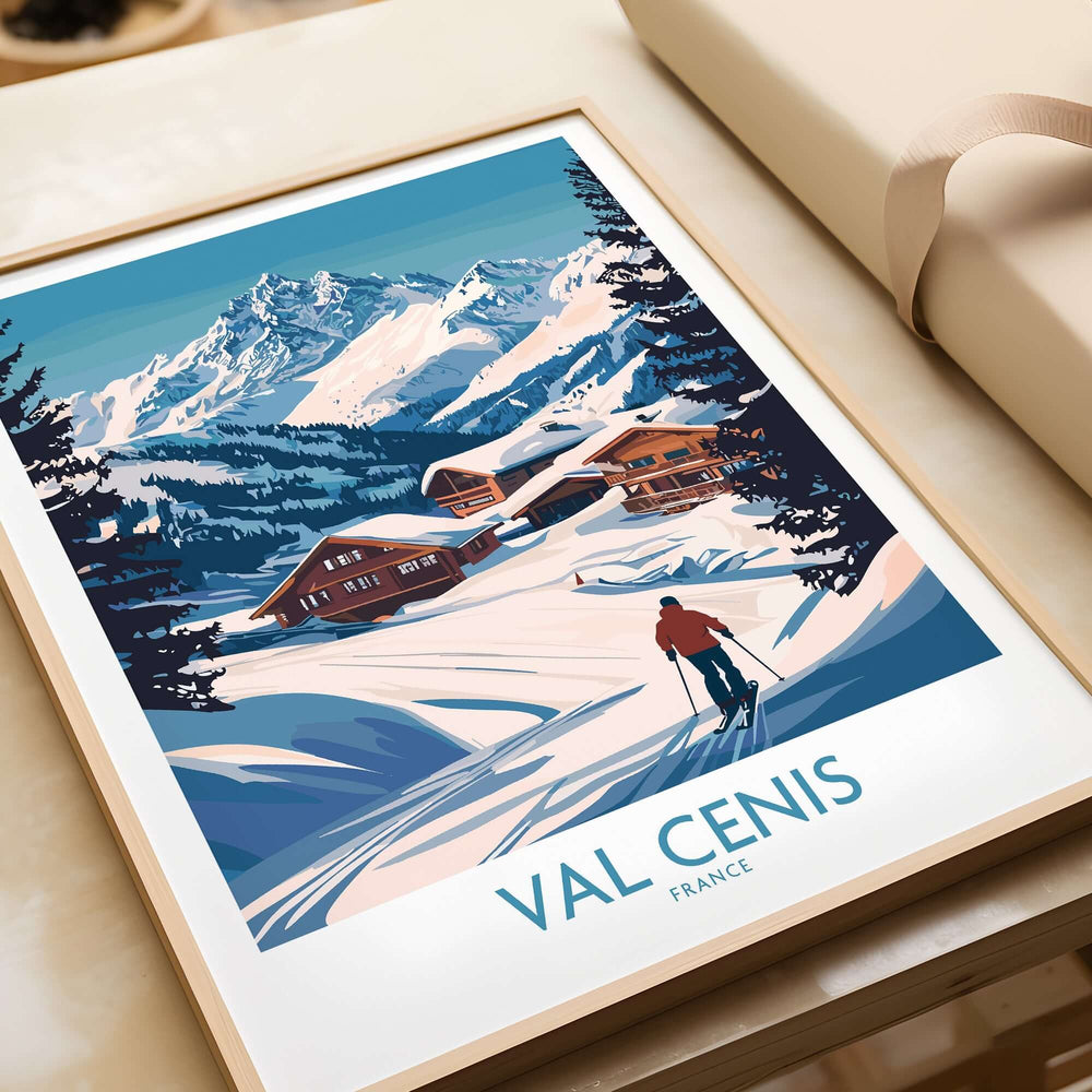 Stunning Val Cenis ski art print featuring tranquil winter landscape and skier in France.