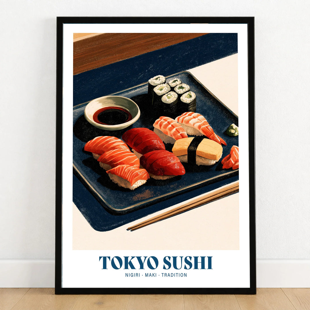 Tokyo Sushi Japanese Kitchen Wall Art - art print in black frame on wooden floor
