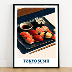 Tokyo Sushi Japanese Kitchen Wall Art - art print in black frame on wooden floor