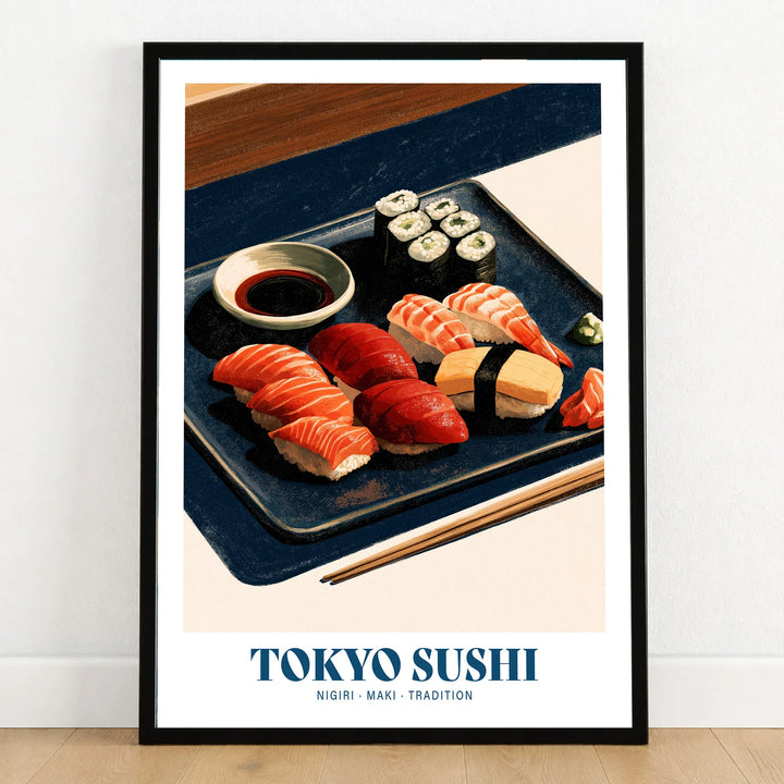 Tokyo Sushi Japanese Kitchen Wall Art - art print in black frame on wooden floor