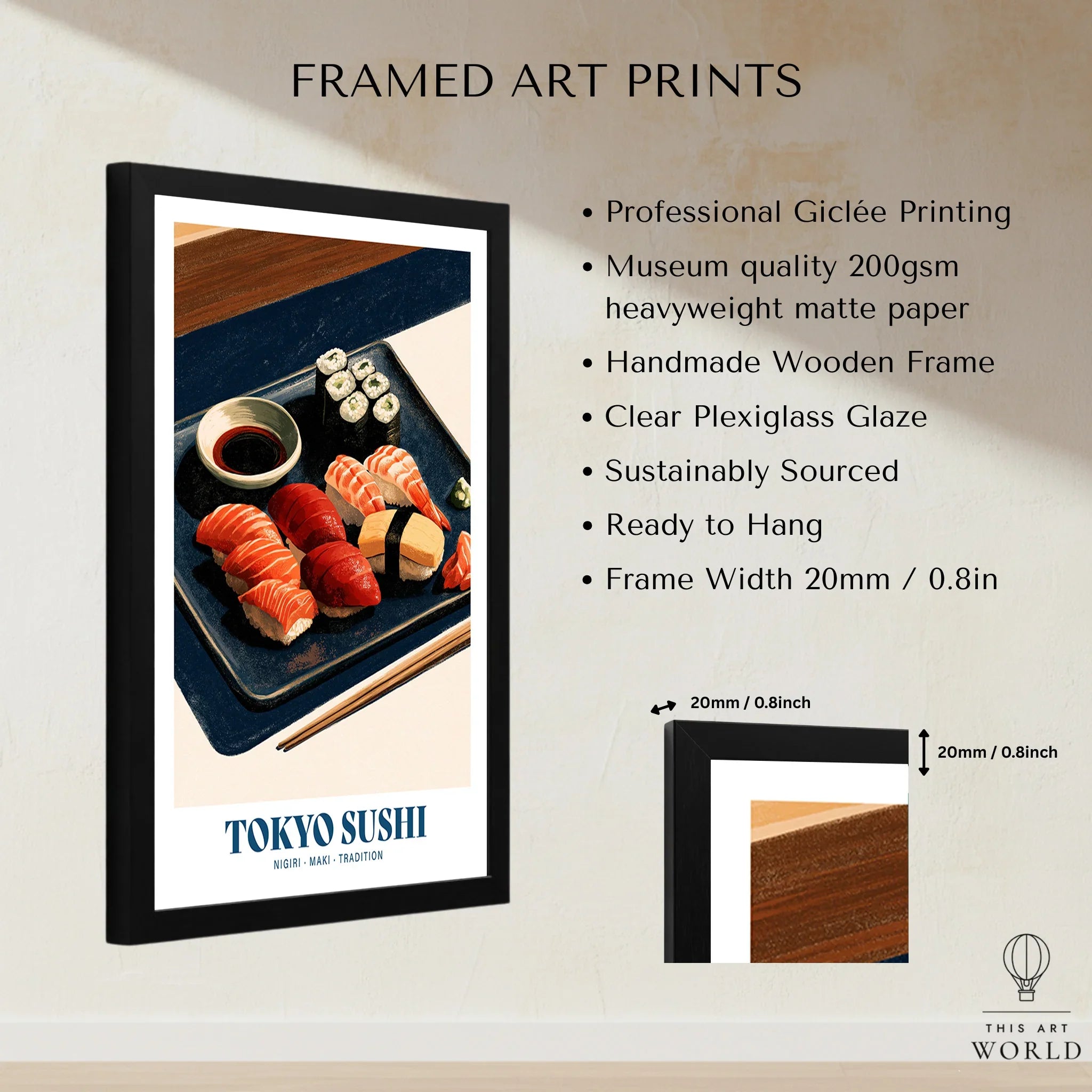 Tokyo Sushi Japanese Kitchen Wall Art - framed print details measurements quality details