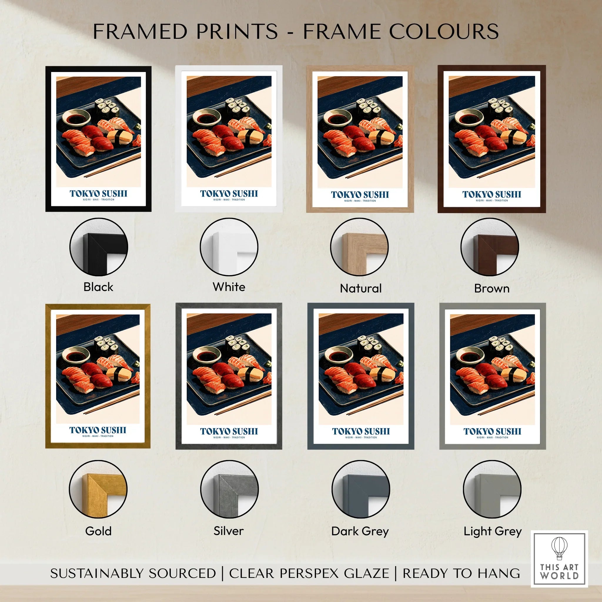 Tokyo Sushi Japanese Kitchen Wall Art - framed print colour options