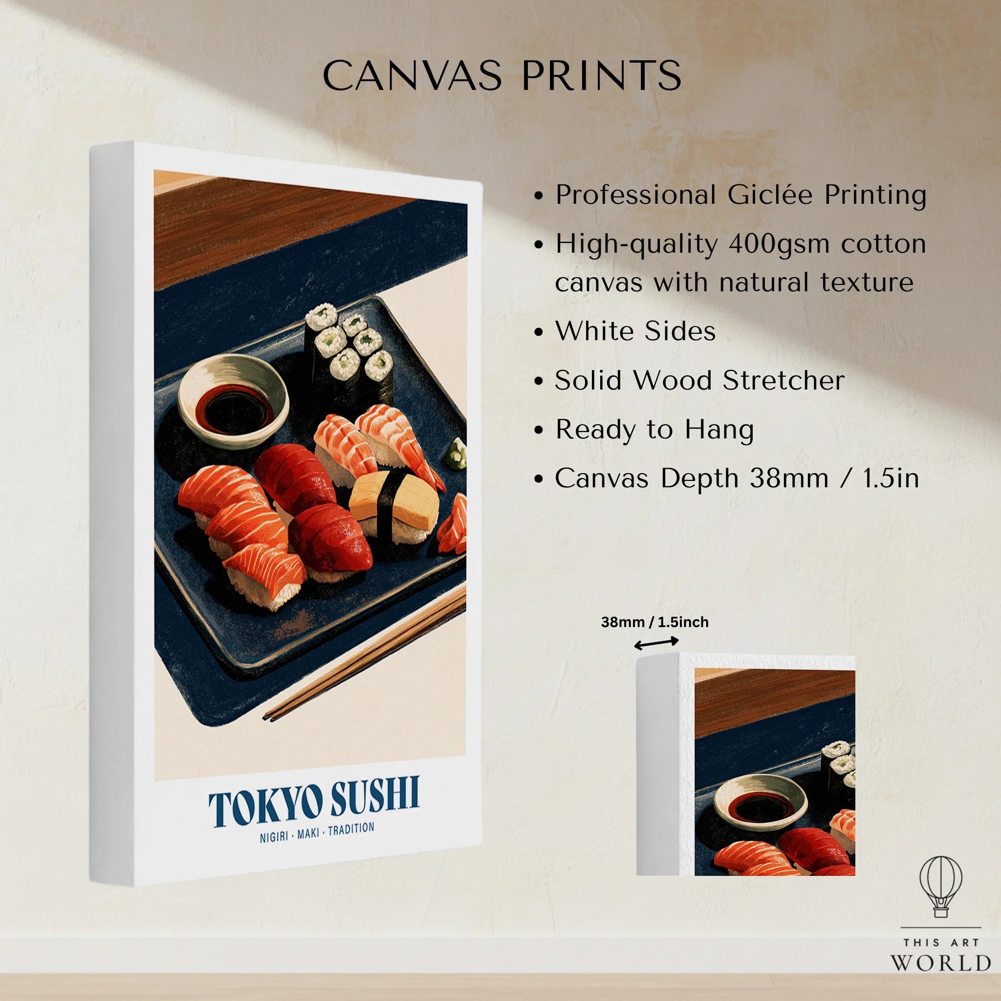 Tokyo Sushi Japanese Kitchen Wall Art - canvas print stretched cotton canvas details