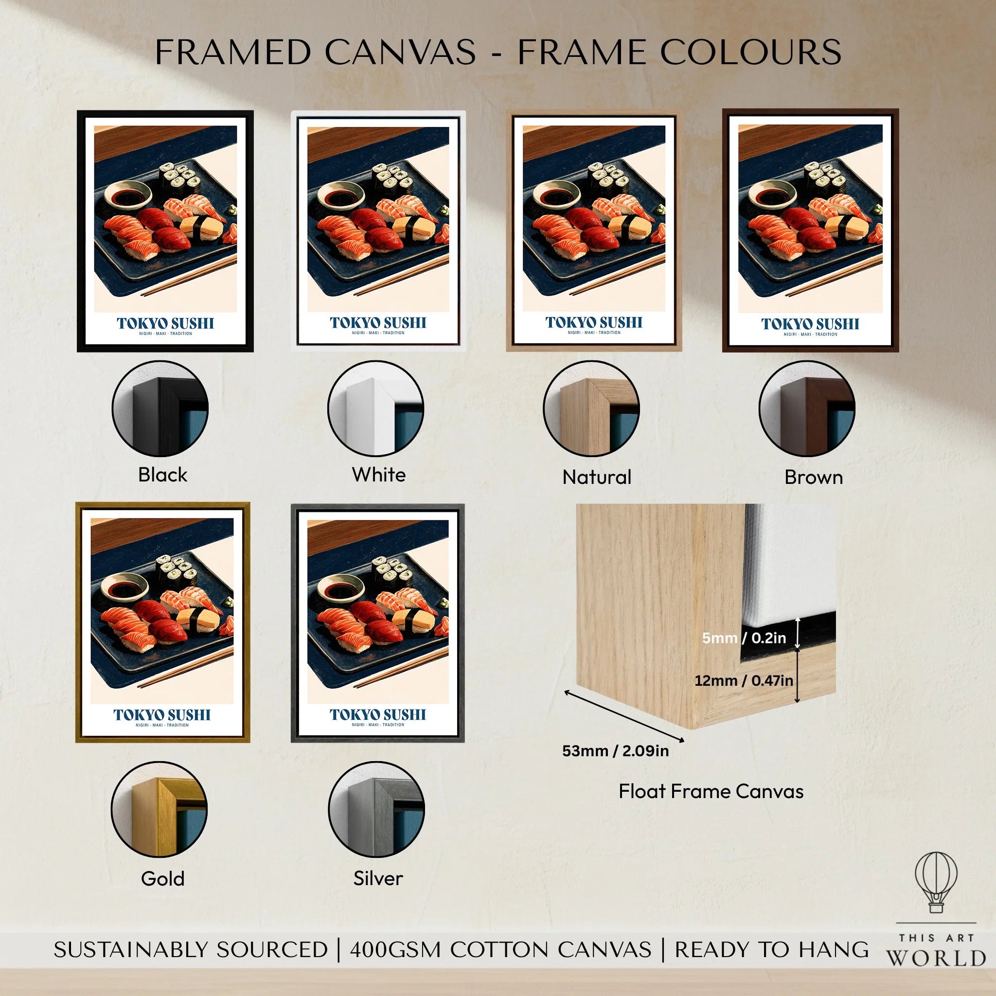 Tokyo Sushi Japanese Kitchen Wall Art - framed canvas float frame colour options