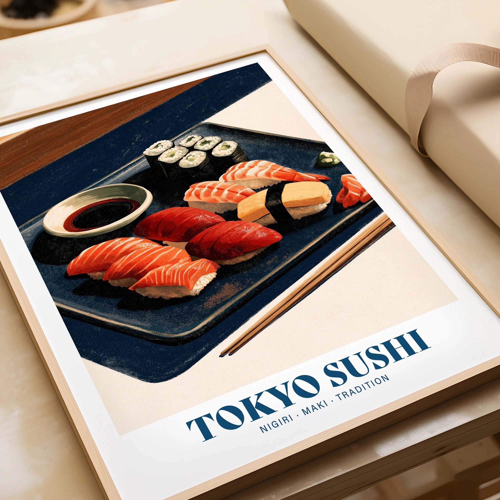 Tokyo Sushi Japanese Kitchen Wall Art - framed art print closeup gift unwrapped natural frame