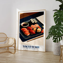 Tokyo Sushi Japanese Kitchen Wall Art - large framed print room setting chair plant