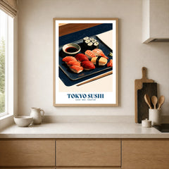 Tokyo Sushi Japanese Kitchen Wall Art - neutral kitchen single frame mockup This Art World